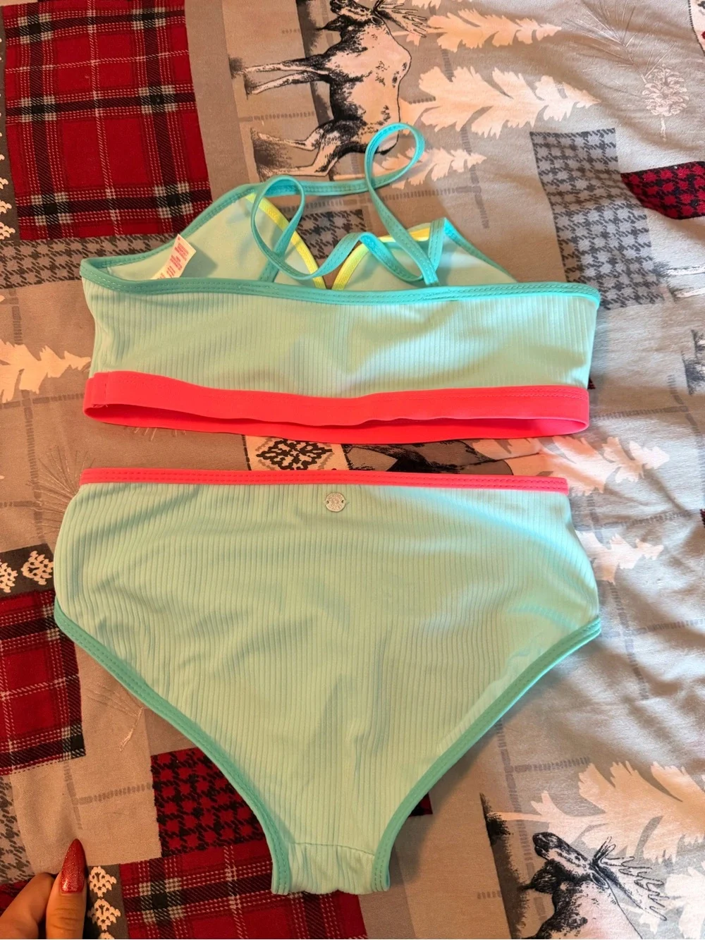 Justice Aqua Two-Piece Swim Set with Coral & Yellow Accents